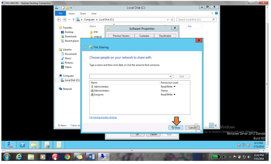 Share button to finish the Sharing configuration 