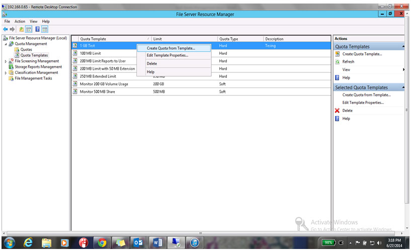 Quota Management window