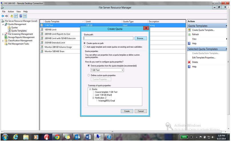 Browse to define the Quota Path 